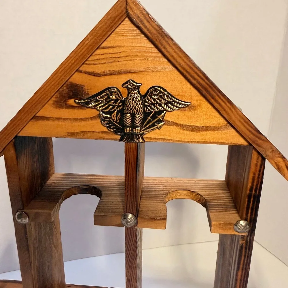 Vintage Wooden House Shape Trinket Shelf Kitschy Brass Eagle Americana Rustic